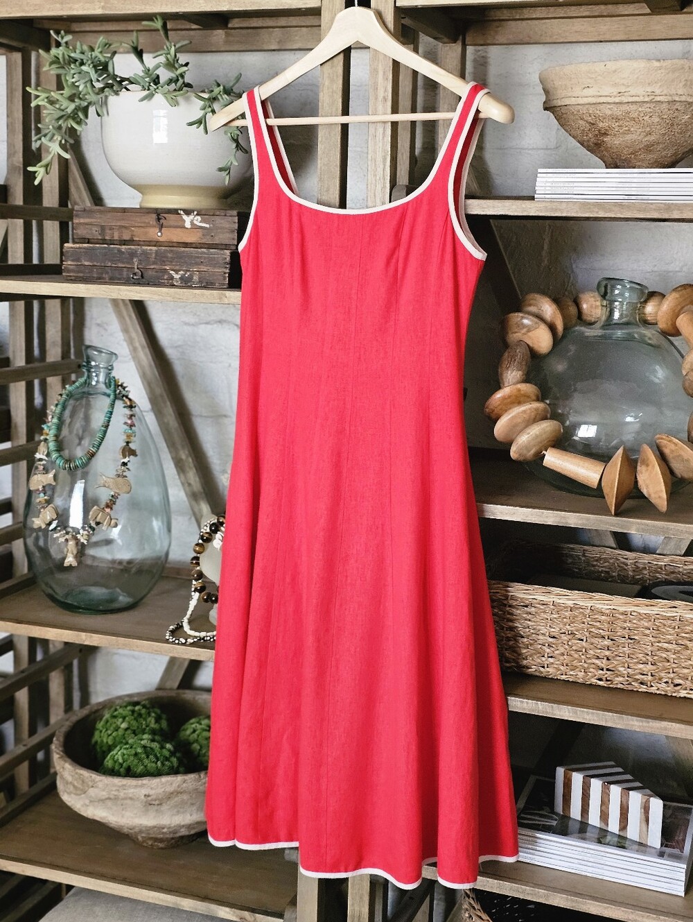 Avec Les Filles Seamed Flare Midi Dress Red Linen Blend Size S